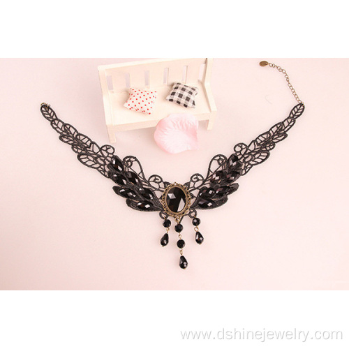 Fashion Black Wings With Gem Lace Necklace